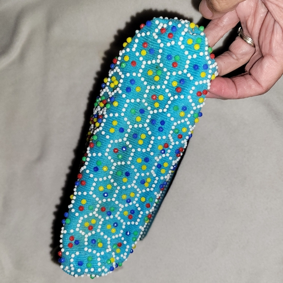 Reversible Drawstring Black or Sky Blue Beaded Pouch Purse Bag 8.5" x 9.5" - Picture 10 of 11